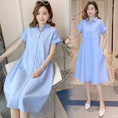 Maternity Dresses Cotton Summer Clothes for Pregnant Women Fashion Oversized Mid Length Shirt Skirt Casual Pregnancy Vestidos