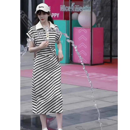 Fashion Lapel Button Knitted Slit Striped Short Sleeve Dress Female Clothing 2024 Summer New Loose All-match Casual Dresses