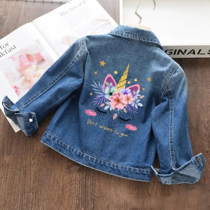 Autumn and winter Boys and Girls New Unicorn Excavator Cartoon Cute Print Polo Collar Long Sleeved Denim Coat for 2-10 Years