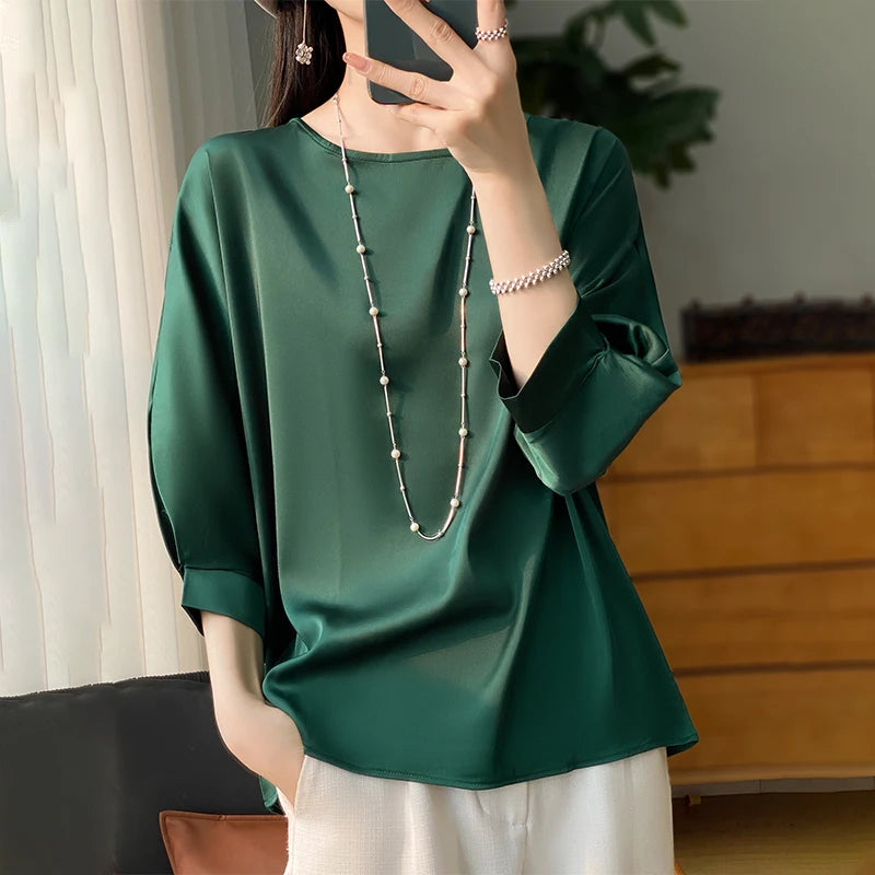 New Acetic Satin Nine-Sleeve T-shirt in Summer Women's Round Neck Loose Large Size Wide Sleeves Outside