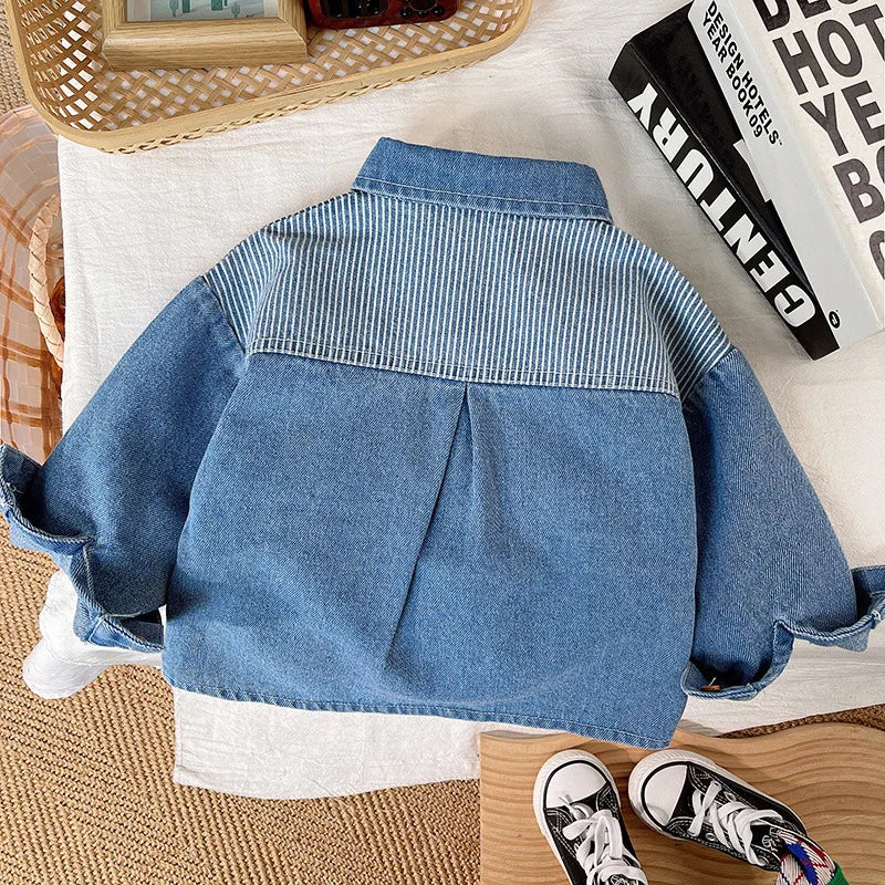 Autumn Winter Cool Trend Boys Girls Long Sleeve Patchwork Outerwear Clothings Lapel Striped Denim Coat Kids Casual Cowboy Jacket