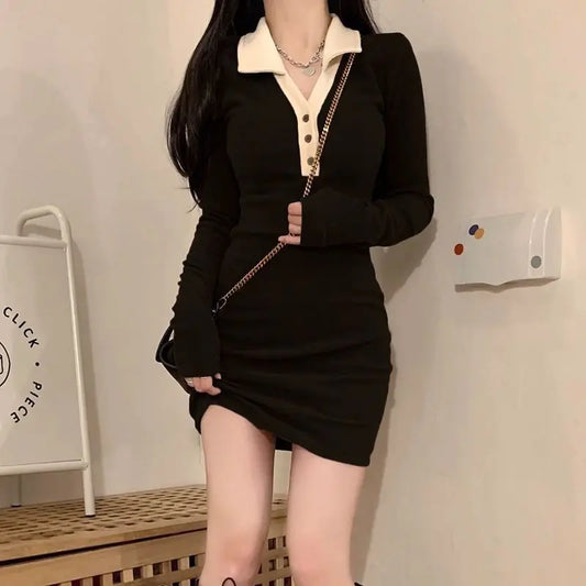 Autumn New Spicy Girl Sexy Knit Dress Women Polo Neck Button Color Block Screw Thread Slim Fashion Patchwork Long Sleeve Dresses