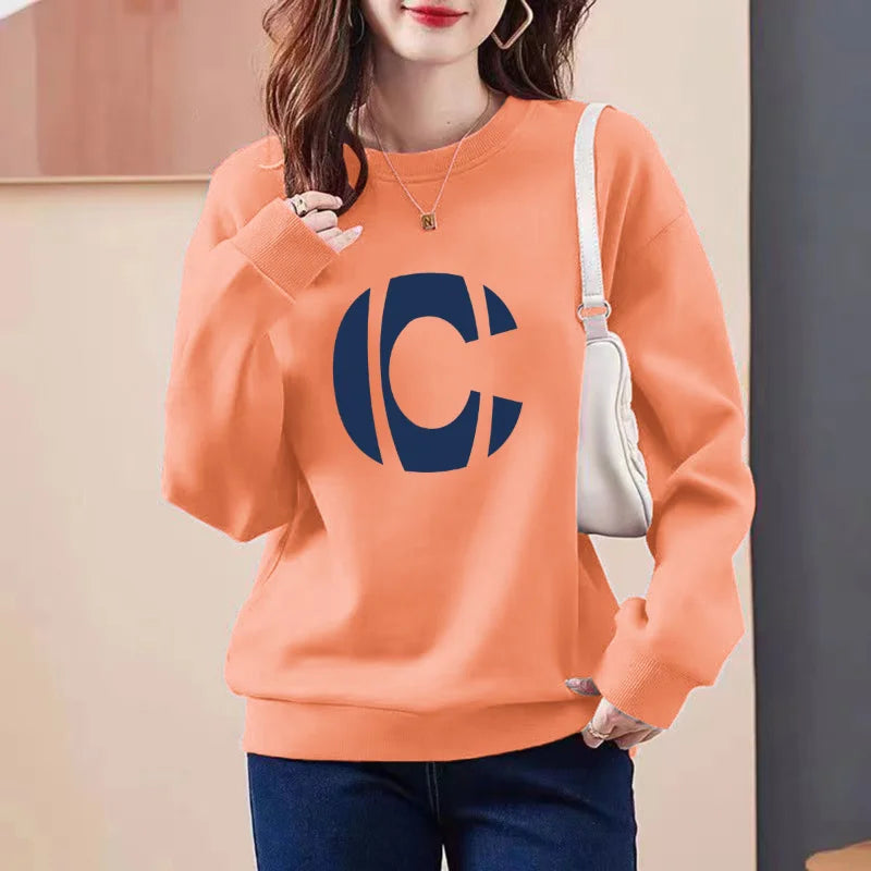 2023 Autumn/Winter New Round Neck Long Sleeve Printing Spliced Letter Slim Wild Office Lady Comfortable Loose Versatile Top