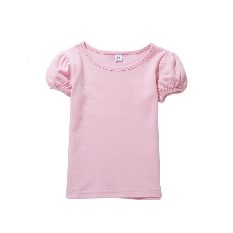 Girls' 100% Cotton Short Sleeve Summer Puff Tee T shirts for School & Play Toddler Teenagers Casual Tops Tees Solid 1-14Yrs