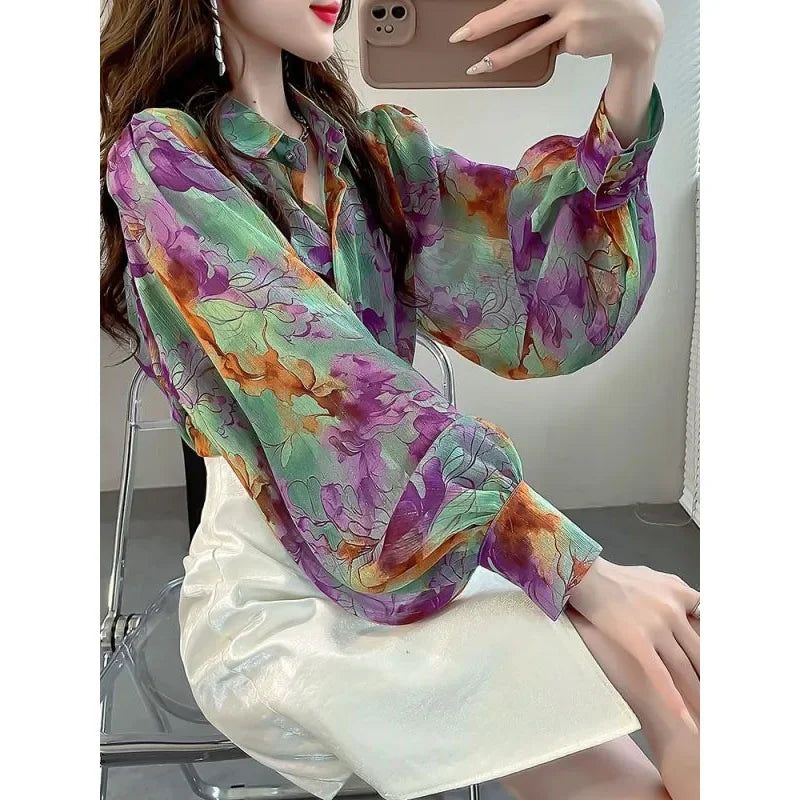 Spring Autumn New Women's Printed Button Polo-Neck Versatile Fashion Loose Appear Thin Commuter Lantern Sleeve Chiffon Shirt Top