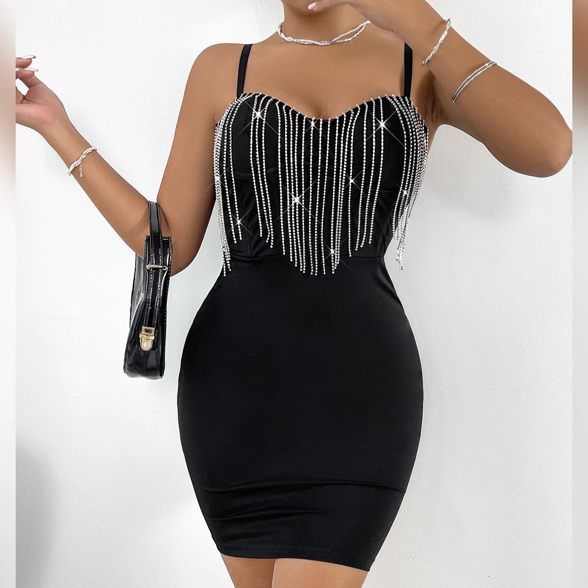 Vemina Fashion Sexy Club Party Glitter Rhinestone Chain TASSEL Halter Dress,Nightclub Backless Spaghetti Strap Slim Hip Skirt