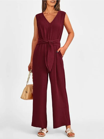 Women's Fashionable and Elegant Style Solid Color Women's Clothing Elegant V-neck Wide Leg Jumpsuit Sleeveless Jumpsuit