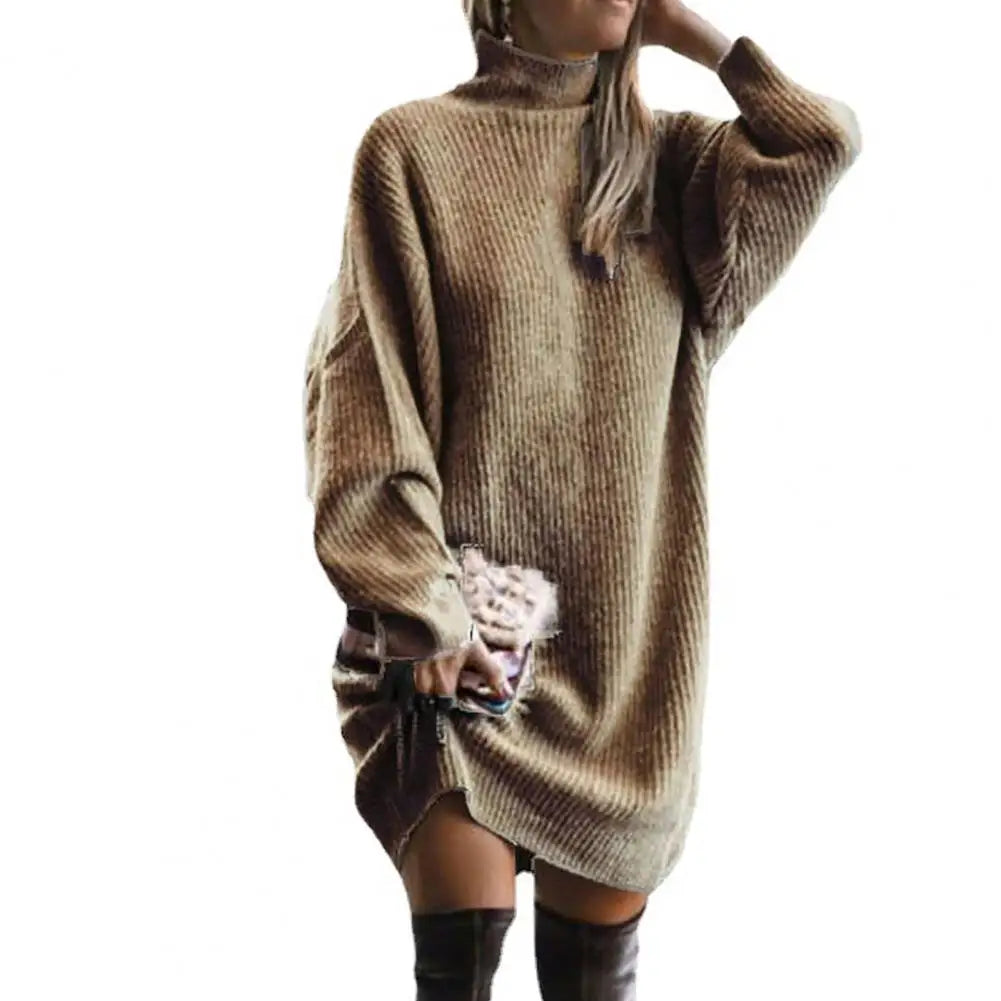 Fashion Midi Dress Coldproof Knee Length Women Winter Knitted Solid Color Pullover Knitting Dress