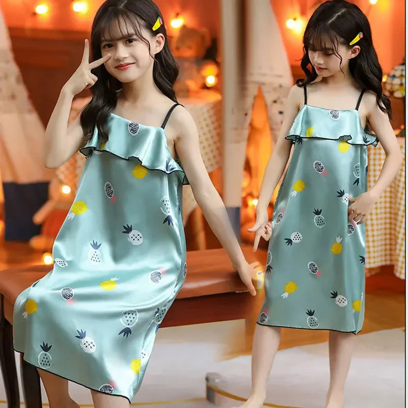 Summer Girls Night Dress 2024 Ice Silk Children's Pajamas Princess Sleepwear for Kids Baby Nightgowns Home Clothes 2-12years