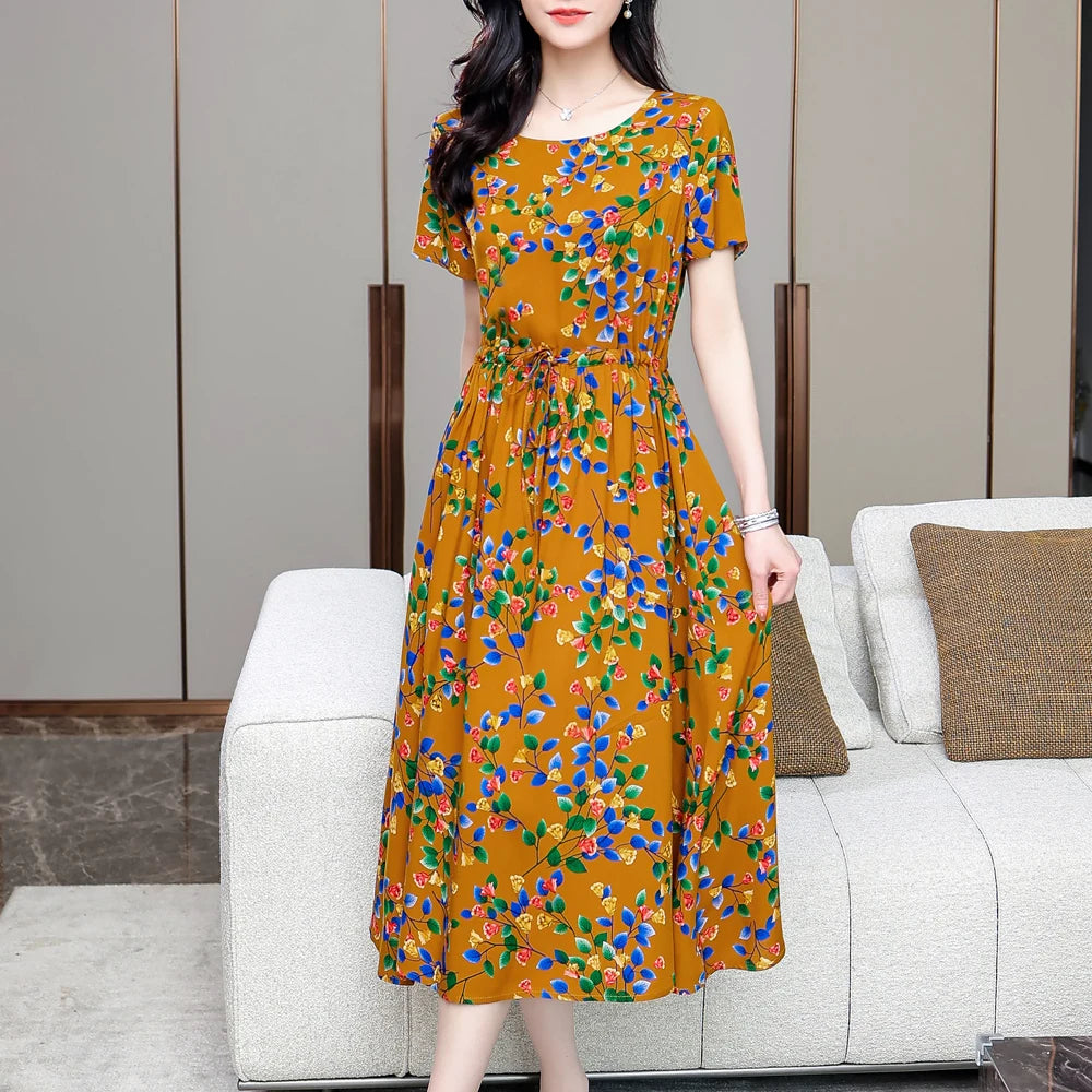 Summer women short sleeve dresses print vintage o-neck Beach Dress Sundress Vestidos dress