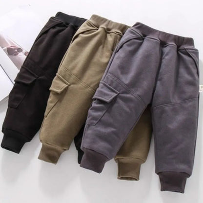 Winter Solid Kids Thick Warm Cargo Pant Boy Fleece Sweatpant 2+y Young Child Clothes Elastic Waist Jogger Casual Sporty Trousers