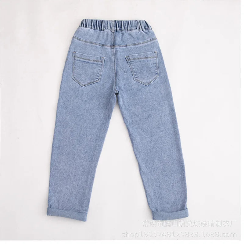 2024 Autumn Girls Jeans Cartoon Applique Denim Trousers Children's Stretch Waist Solid Pants Casual loose jeans