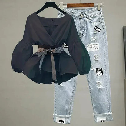 Summer 2024 Women's Clothing Outfit Ladies Casual Loose Shirt Vest Wide Leg Denim Pants 3 Piece Sets Fashion Letter Jeans Blouse