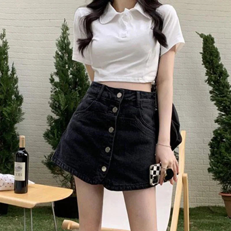 2023 Summer Women\'s Skirt with Shorts Korean Style Single-Breasted Design Blue Denim Skirt Woman Vintage High Waist Mini Skirts