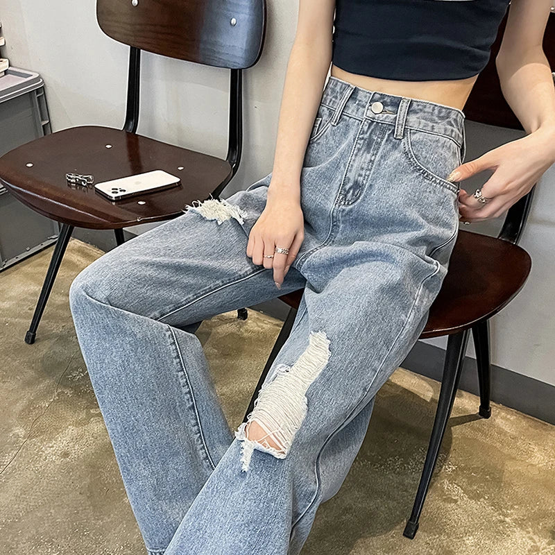 Denim Jeans Women Hole High Street Straight New Loose Wide leg Torn Hip Hop Ruined Fashion Pants