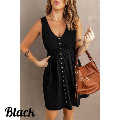 Womens Summer Sleeveless Dress Button Down Elastic Waist Swing Loose Plain Short Dresses Casual Tank Tops Dresses Plus Size