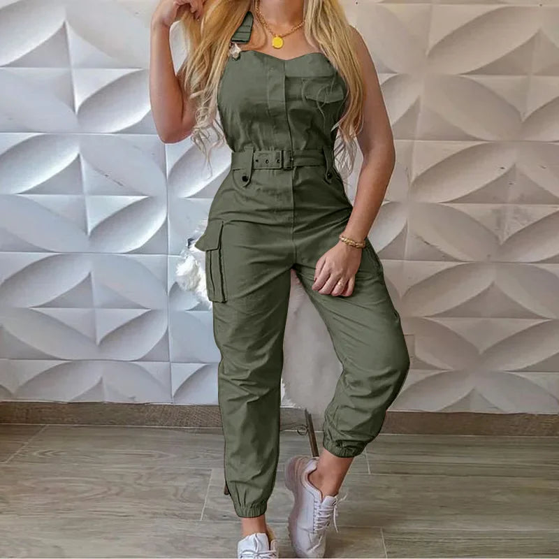 Fashion Strap Jumpsuit Women Loose Dungarees Long Rompers Summer Solid Pockets Cargo Pants Female Casual Work Out Playsuits