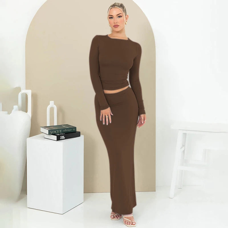 CUTENOVA Autumn Solid Round Collar Long Sleeves Half-Length Skirt Slim Suit 2023 Casual Women Two-Piece  Set