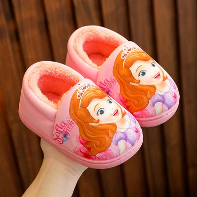 Disney Princess Sofia Elsa Winter Children's Cotton Slippers Girl's Parent-child Snow Non Slip Warm Baby Slippers Size 24-39