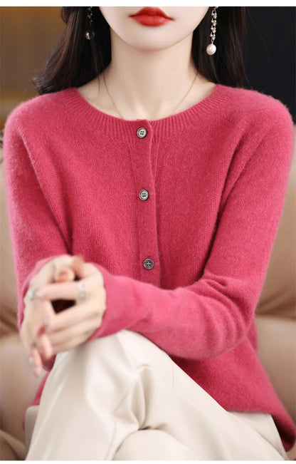 2024Spring and Autumn  New 100% pure merino cashmere sweater women's O-neck cardigan loose long-sleeved sweater top