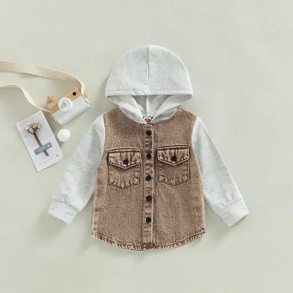 FOCUSNORM 0-4Y Kid Boy Autumn Jacket Coat Long Sleeve Hooded Pockets Buttons Color Patchwork Denim Outwear 3 Colors