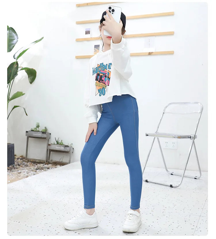 Spring Summer Girls Elastic Skinny Pants Solid Color Kids Stretch Trousers 3-12Yrs Children Lmitation Denim Fabric Jeans Pants