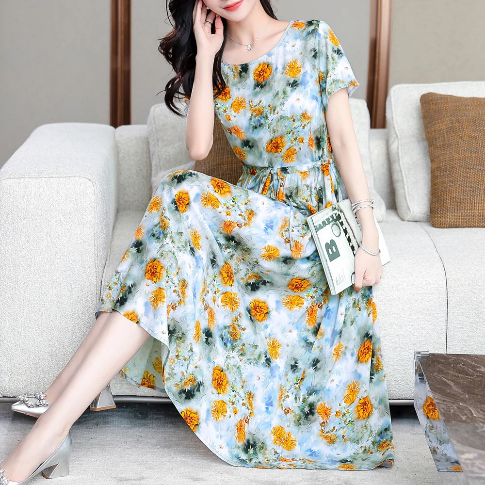 Summer women short sleeve dresses print vintage o-neck Beach Dress Sundress Vestidos dress