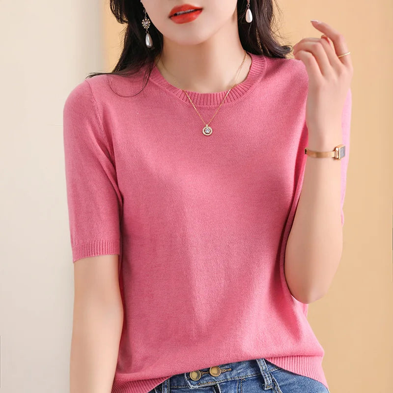 100% Merino Fine Wool Knitted Round Neck Short Sleeve Basic Versatile Women's Thin 2023 Summer Premium Special Top T-Shirt