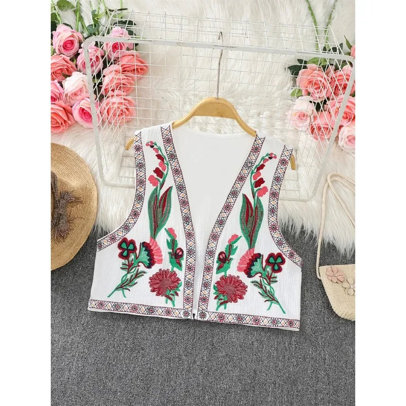 Vintage Vests Women Temperament V-neck Embroidered Vest Waistcoat Chinese Style Jacket Casual Seaside Vacation Tops Dropshipping