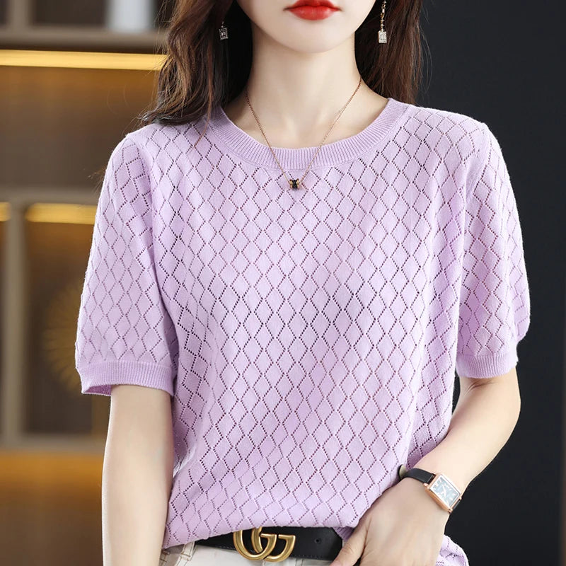 100% cotton women's short-sleeved T-shirt summer new round neck loose pullover casual hollow-out knitted half-sleeved T-shirt