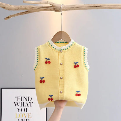 Spring Autumn Baby Girls Knitted Vests Cherry Decoration Sleeveless Jacket Toddlers Kids Waistcoats Girl Cardigan Tops GY04201