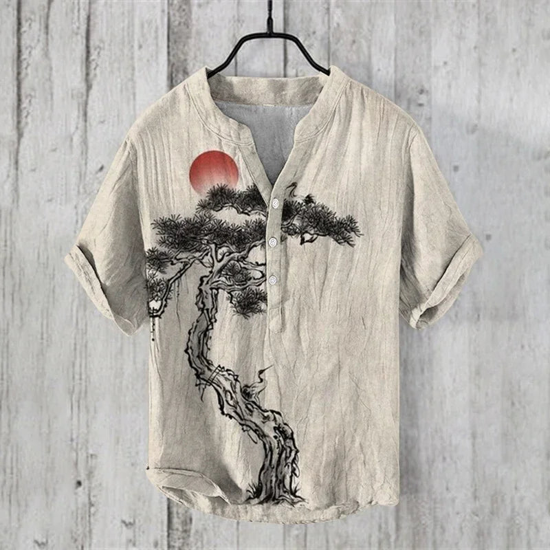 New 2024 summer fashion Retro Man Casual v-neck Shirt short Sleeve Band Collar Henley Shirt art illustration print Tops