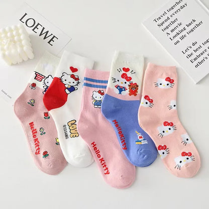 5pairs Kawaii Sanrio Cartoon Crew Socking  Anime Hello Kitty Kuromi Cinnamoroll Long Tube Harajuku Keep Warm Socks Girl Gift