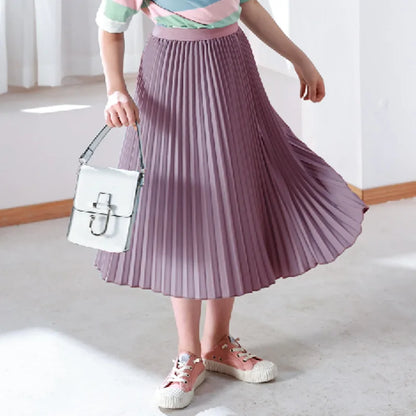 Summer 2024 Girls Long Pleated Skirt Solid Casual All-match Skirt for Kids 12 13 14 Years Trendy Teens Students Children Skirts