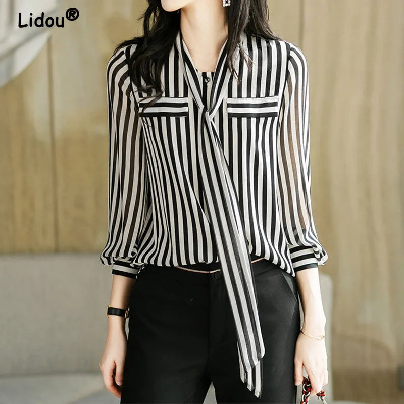 Summer Autumn Elegant Fashion office lady Striped Printing fashion woman blouses 2024 Temperament Long Sleeve Shirt t shirt wome