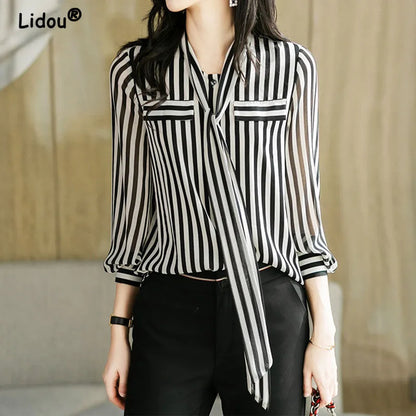 Summer Autumn Elegant Fashion office lady Striped Printing fashion woman blouses 2024 Temperament Long Sleeve Shirt t shirt wome