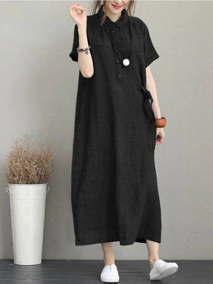 Summer Dress Women Cotton Linen Vintage Casual Loose Oversie Lapel Short-sleeved Dress New In Mid-length Long Dress for Women