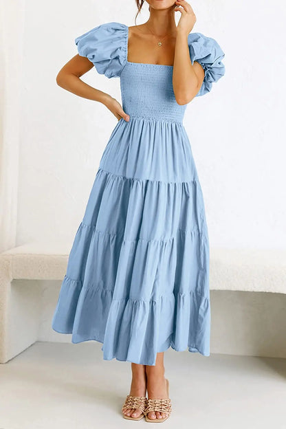 Summer Boho Smocked Maxi Dresses for Women 2024 Casual Puff Sleeve Square Neck A Line Tiered Ruffle Long Beach Dresses