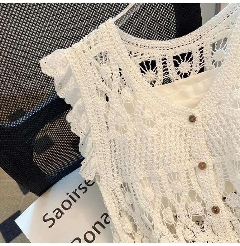 French Crochet Hollow Knit Vest Cardigan Women Summer Short Sleeve Sleeveless Lace Tops 2024 Casual Fashion Vest Two Piece Sets