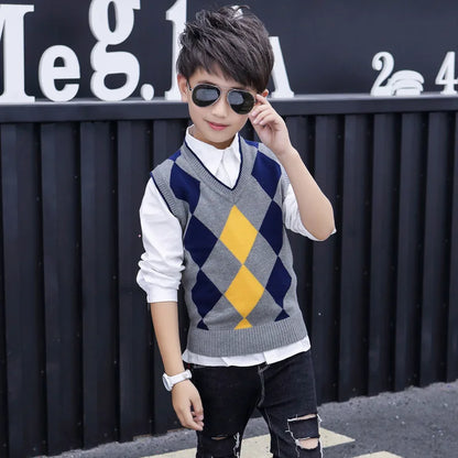 Chldren's School Uniform Vest Printed Plaid Design Kids Cotton Sleeveless V-Neck Waistcoat For Teen Boys 5-15 Years Clothes