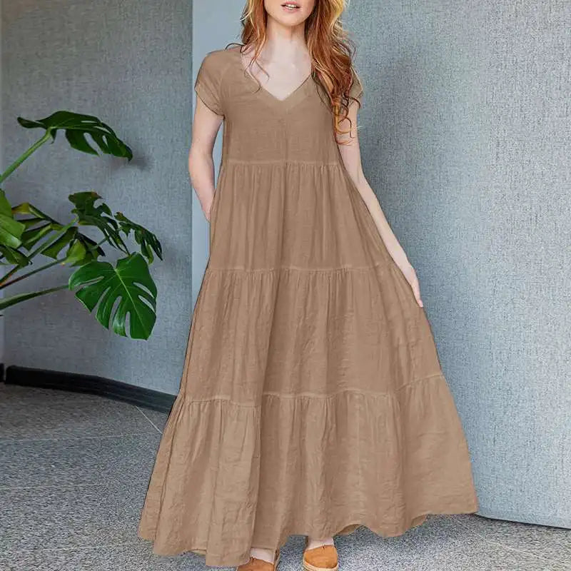 2024 ZANZEA Summer Maxi Long Dress Women Bohemian Holiday Sundress V Neck Short Sleeve Robe Femme Casual Loose Ruffles Vestidos