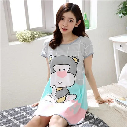 Summer Cartoon Nightdress Ladies Milk Silk Double-sided Printing Cute Nightdress Women's Nightgown Sleepwear Night Wear