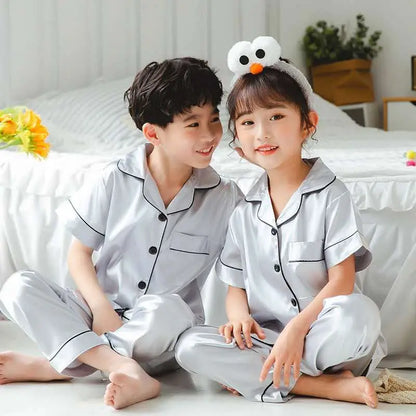 2pcs Boys Girls Pajamas Silk Pants Long Sleeve Solid Button-Down Pyjamas Satin Sets Nightgown Children Sleepwear Kids Loungewear