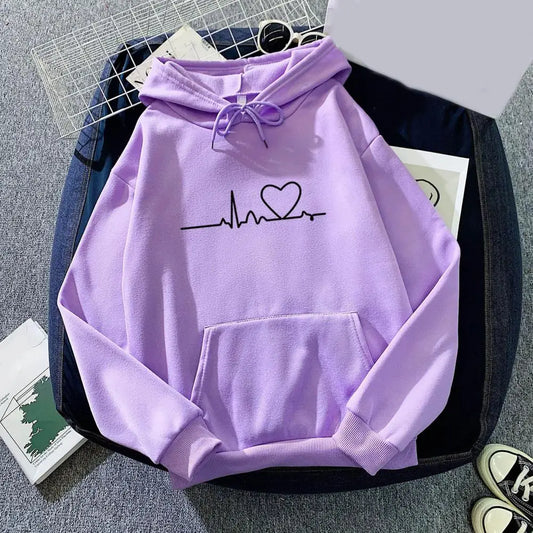 Chic Elastic Hem Women Autumn Hoodie Streetwear Women Autumn Hoodie Elastic Cuff Heart Print Couple Hoodie for School