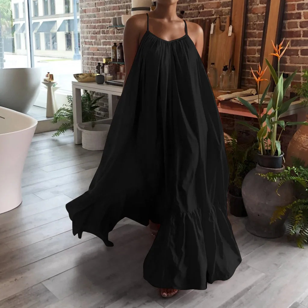 Bohemian Beach Sundress Sexy Sleeveless Backless Big Swing Maxi Long Dress Strapless Ruffles Midi Dresses Vacation Vestidos