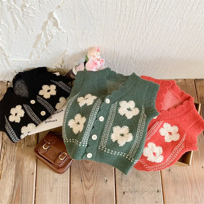 2025 Spring New Children Knitted Vest Girls Sleeveless Flower Cardigan Fashion Versatile Knitwear Kids Girls Sweater Coat