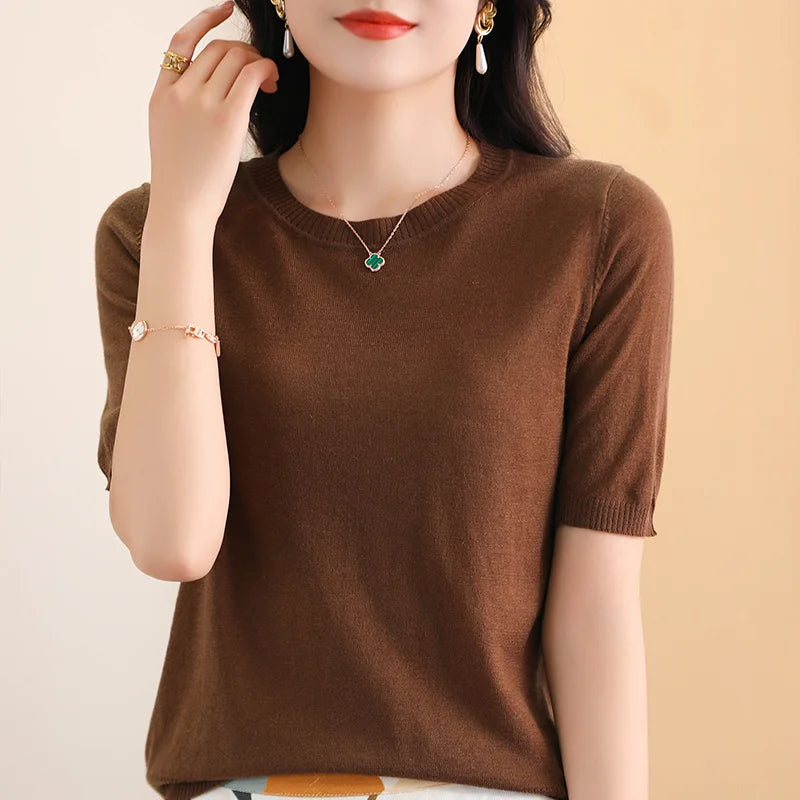 100% Merino Fine Wool Knitted Round Neck Short Sleeve Basic Versatile Women's Thin 2023 Summer Premium Special Top T-Shirt