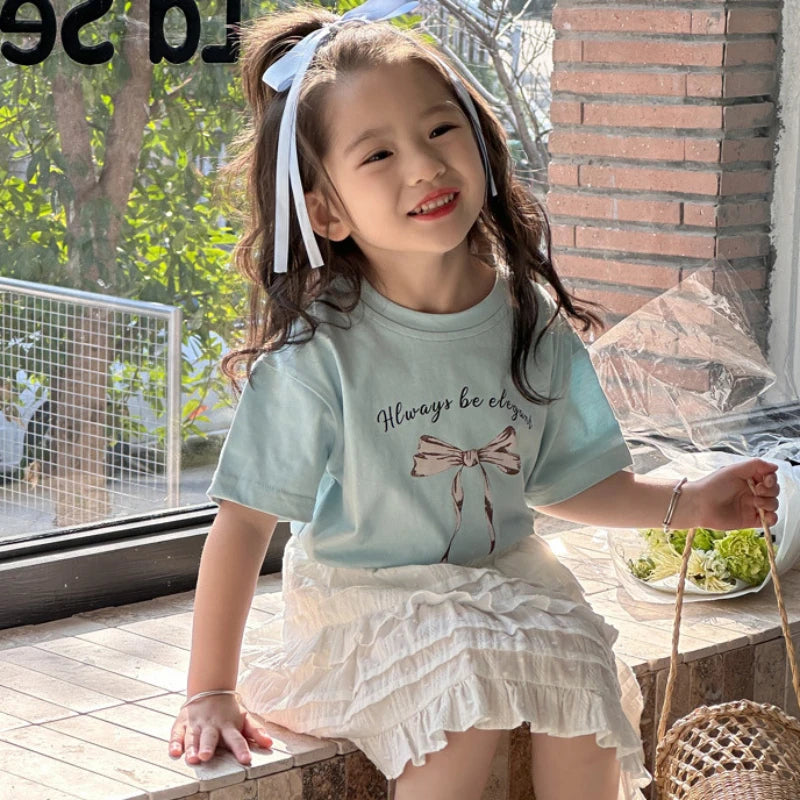 INS Korean Baby Tshirt 2024 Summer New Girl's Bow Ribbon T Shirt Children Fashion Short-sleeved Tops or White Skirt