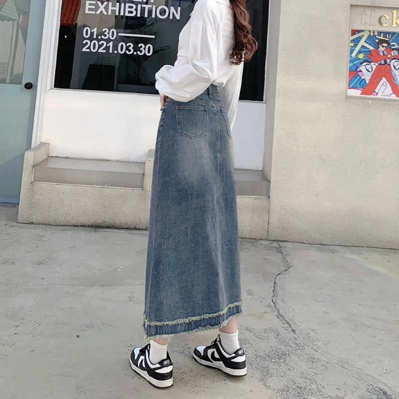 Jean Skirt Women High Waist Retro Slimming A- line Skirt Versatile Mid-Length Denim Skirt Womens Y2k Sexy Fashion Streetwear