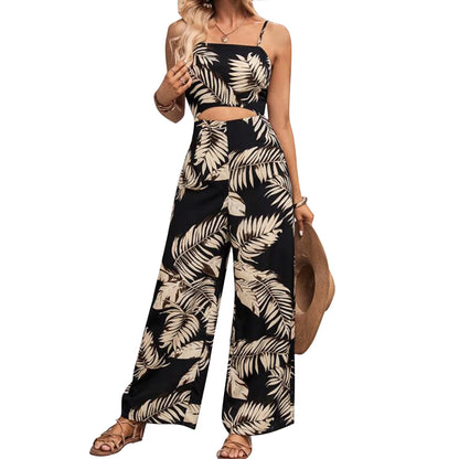 Elegant Long Jumpsuit Women Sexy Backless Wide Leg Jumpsuits Casual Sleeveless Hollow Out Floral Rompers Woman 2024 Summer Sales